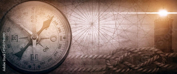 Obraz Compass, lighthouse and rope with a nautical knot. The background is on the theme of sea travel, pirates, navigation, etc.