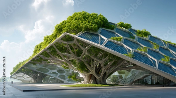 Fototapeta Futuristic data center designed as a giant bio-tree with solar panel leaves and vertical gardens, combining advanced technology with sustainable, nature-inspired architecture.