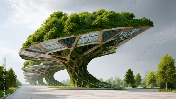 Fototapeta Futuristic data center designed as a giant bio-tree with solar panel leaves and vertical gardens, combining advanced technology with sustainable, nature-inspired architecture.