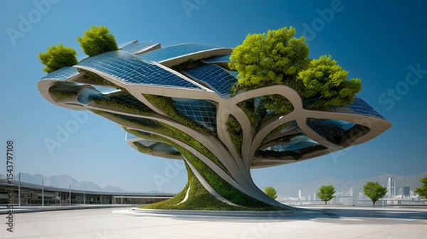 Fototapeta Futuristic data center designed as a giant bio-tree with solar panel leaves and vertical gardens, combining advanced technology with sustainable, nature-inspired architecture.