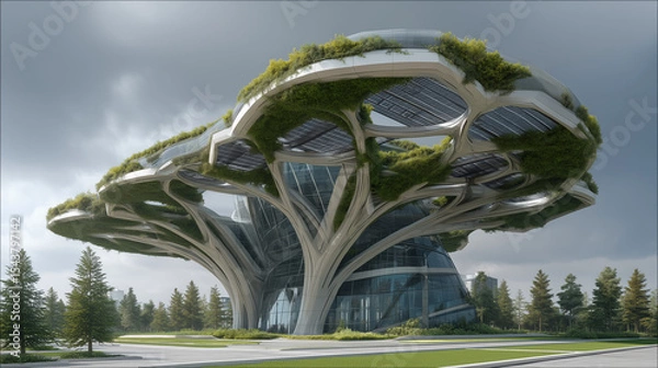 Fototapeta Futuristic data center designed as a giant bio-tree with solar panel leaves and vertical gardens, combining advanced technology with sustainable, nature-inspired architecture.