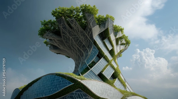 Fototapeta Futuristic data center designed as a giant bio-tree with solar panel leaves and vertical gardens, combining advanced technology with sustainable, nature-inspired architecture.
