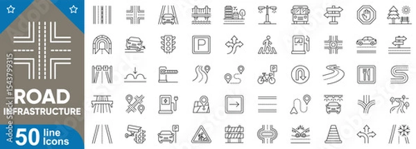 Fototapeta Road infrastructure icons set. 40 editable stroke line icons representing roads, highways, bridges, traffic lights, street signs, barriers, tunnels, crosswalks and more. Vector illustration.