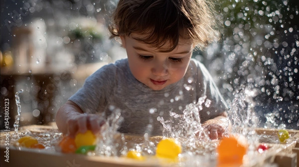 Fototapeta Joyful Toddler Playing with Water and Colorful Toys at Table Under Bright Sunlight