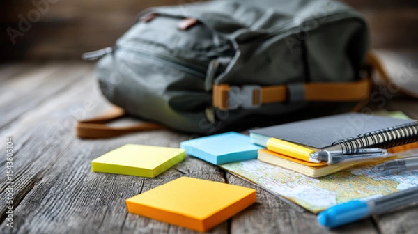 Fototapeta Essential Travel Checklist for Packing Your Bag with Notes and Map on a Rustic Wooden Table