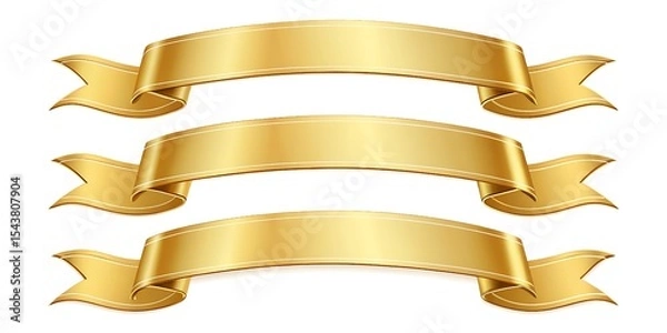 Fototapeta Elegant set of shiny gold banner label ribbons isolated on a clean white background, ideal for celebrations, promotions, scrapbooking, packaging, and decorative crafting projects