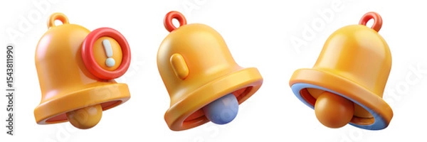 Fototapeta Notification Bell Icons 3D Renderings for Alert Reminder Message Symbol in Yellow Orange with Exclamation Mark on Transparent Background