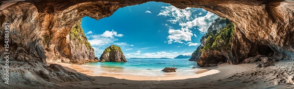 Obraz Tranquil Cathedral Cove in Summer Daytime Panorama

