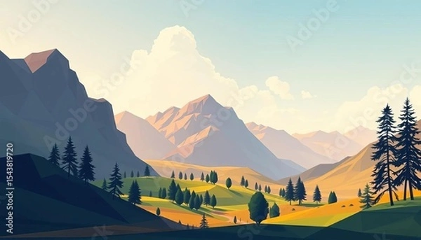 Fototapeta Minimalist polygonal landscapes, flat vector illustrations ideal for wallpapers,  sun,  scenery