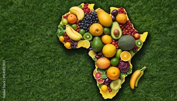 Fototapeta A creative silhouette of the African continent portrayed with an assortment of colorful fruits and vegetables. This composition symbolizes the diversity and richness of African agriculture.