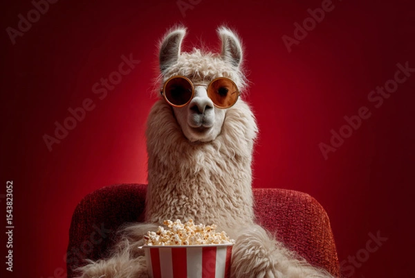 Obraz Alpaca in sunglasses holding a bucket of popcorn watches a movie in a red cinema background. Cinema, entertainment and pet concept. Funny animal for poster, commercial, design 