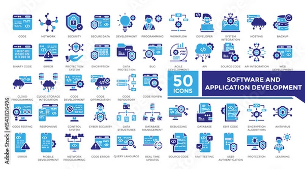 Obraz Software and application development icon solid two color set collection. This set includes This set includes coding, secure data, programming, algorithm and more icons and more icons in solid style