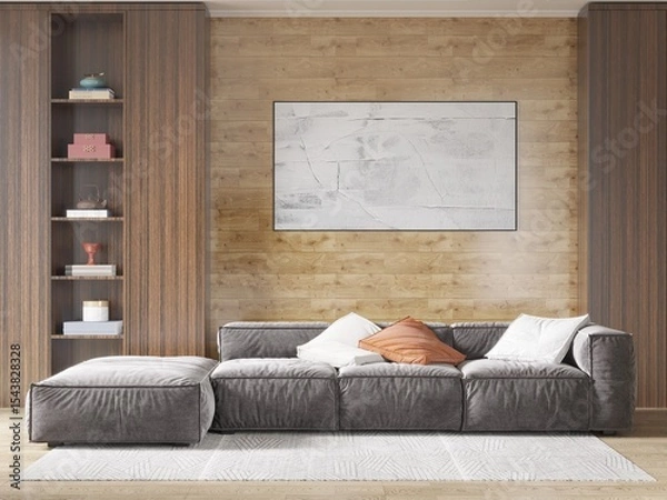 Fototapeta Mock up of an original living room with a modern comfortable sofa and a stylish decorative background, 3D rendering.