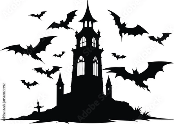 Obraz Flying bats silhouette, gothic tower scene, spooky Halloween vector, black and white illustration, on white background