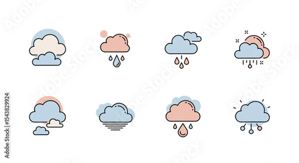 Obraz Weather forecast cloud rain vector icons set, meteorology design elements and weather symbols collection