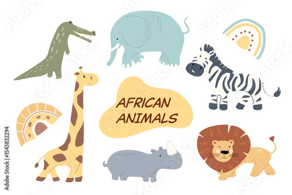 Fototapeta This collection features charming illustrations of African safari animals, including a lion, elephant, zebra, and giraffe. Each character displays a whimsical style, perfect for children's decor.