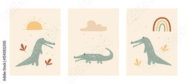 Fototapeta Brighten up a child's room with this set of boho crocodile posters. Each design showcases friendly crocodiles surrounded by nature elements, perfect for nursery decor.