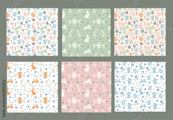 Fototapeta Сollection of various seamless patterns celebrating Easter, including playful bunnies, colorful eggs, and blooming flowers. Perfect for creating festive decorations and crafts.