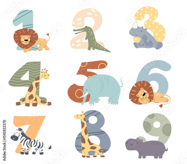 Fototapeta Colorful numbers decorated with safari animals create a playful atmosphere for a birthday celebration. Perfect for engaging children and enhancing party decor with wild charm.