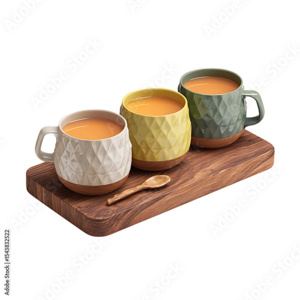 Fototapeta Three textured mugs with warm drinks on wooden tray