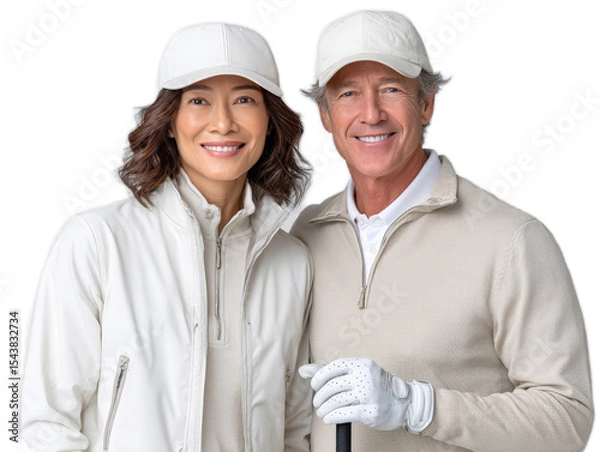 Obraz Harmonious Couple in Golf Attire: A cheerful couple, radiating warmth and sophistication, posed ready for a day of leisure, exuding a sense of ease and camaraderie in their coordinated outfits.