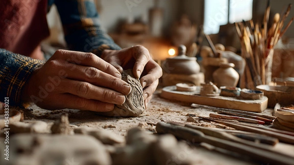 Fototapeta Pottery Artist Shaping Clay Artisan Hands Working on Rustic Table