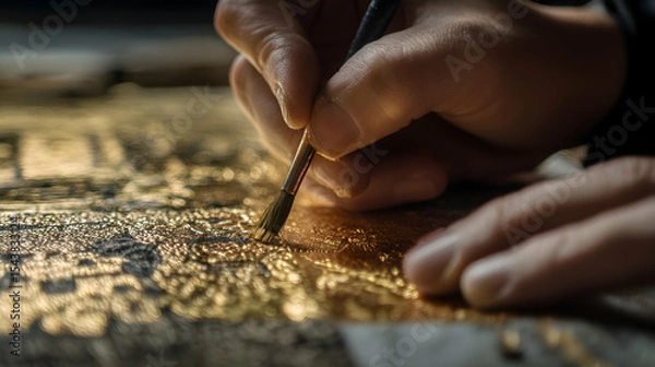 Fototapeta Gilding Process Fine Art Craft Hands Detail with Brush Applying Gold Leaf for Restoration Decorative Design