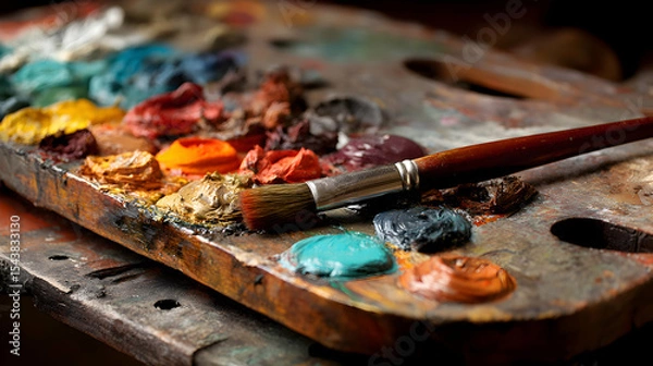 Fototapeta Palette with Paintbrush Colorful Oil Paints on Wood Palette Ready for Artistic Expression