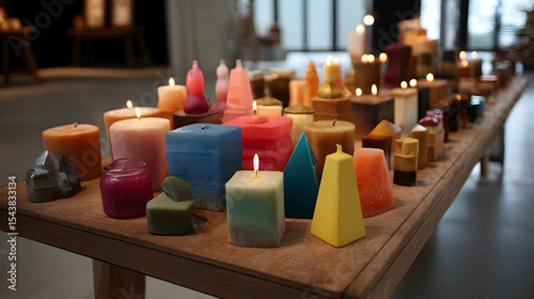 Fototapeta Candles Collection Colorful Geometric Handmade Candles Lit on Table Decorative Candles Grouped for Interior Design Home Decor