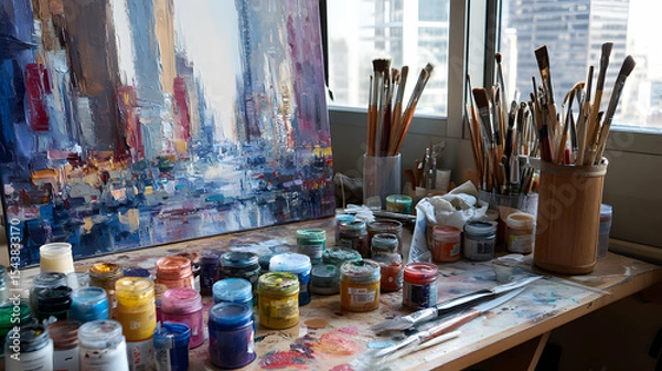 Fototapeta Artist's Studio Cityscape Painting Colorful Paints and Brushes Near the Window Creating Art