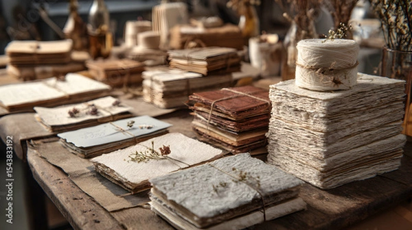 Fototapeta Handmade Paper Stacks Tied with Twine Vintage Style Paper Bundles on Rustic Wood Table