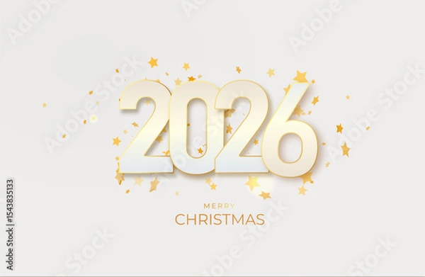 Obraz 2026 gold metal number for New Year . Festive Christmas banner with falling confetti on bright background. Realistic Golden 3d number. Vector