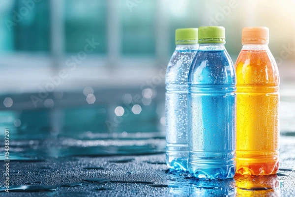 Fototapeta Refreshing sports drinks in vibrant colors, perfect for hydration after exercise, glistening with condensation