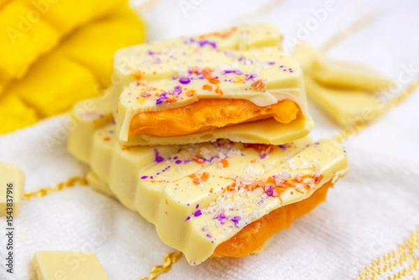 Fototapeta White Mango Dubai Chocolate bar with orange mango, passion fruit spread filling with popping candy close up