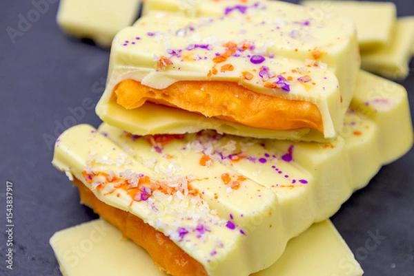 Fototapeta White Mango Dubai Chocolate bar with orange mango, passion fruit spread filling with popping candy close up