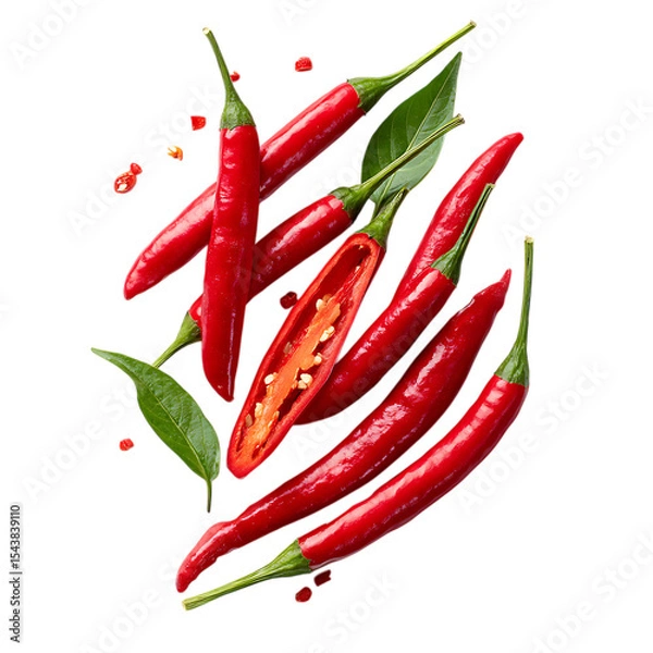 Fototapeta Spicy red chili peppers with seeds and leaves
