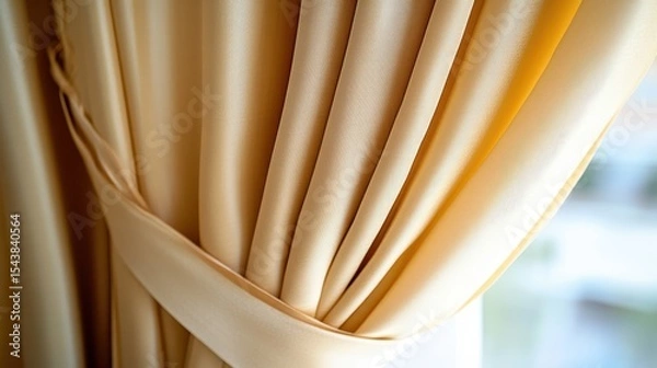 Obraz Close-up view of tied light beige curtains.