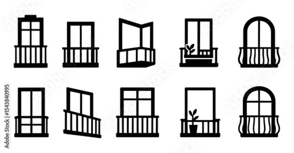 Fototapeta Balcony and window silhouette icon set. architectural design symbols collection