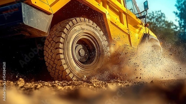 Fototapeta   A yellow dump truck drives through a dirt-covered field with trees in the background, while a blue sky is visible above