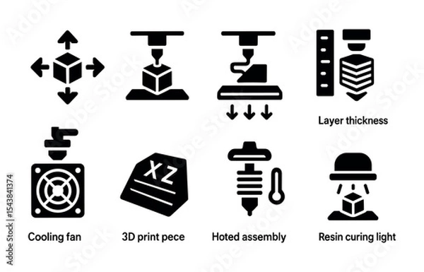 Fototapeta 3d printing solid icon set. manufacturing, technology, engineering, tools collection