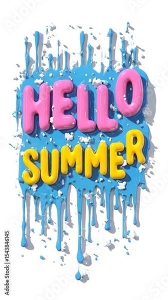 Fototapeta Colorful 3d lettering "Hello Summer" with glossy pink and yellow letters on blue paint splash background. Concept of fun seasonal design for summer promotion and creative typography.