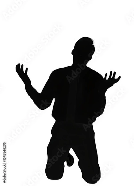 Fototapeta Shadow of Serenity: A solitary figure kneels in silhouette, arms raised in a gesture of prayer and supplication, against a stark backdrop, evoking a sense of contemplation, reverence.