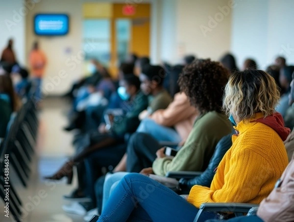 Fototapeta Diverse group of people sitting and waiting in chairs in a lobby