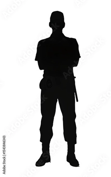 Fototapeta Shadowed Guard: A stoic silhouette of a guard, arms crossed, stands resolute, personifying vigilance and readiness. The high-contrast image embodies both authority and a sense of duty.