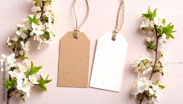 Fototapeta Blank tags with spring flowers, and wood.