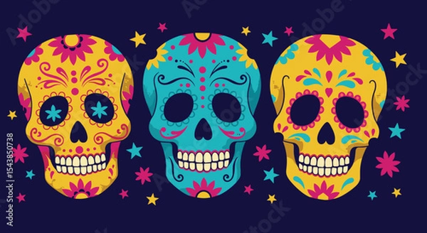 Fototapeta Colorful sugar skulls with floral patterns on dark background  for Day of the Dead celebrations and holiday decor