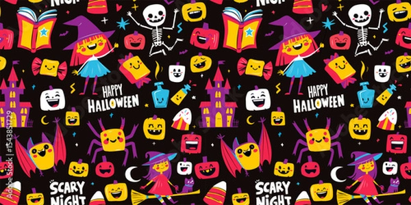 Fototapeta Halloween Night Pattern for Kids Happy Pumpkins, Spiders, Magic and Smiling Witch