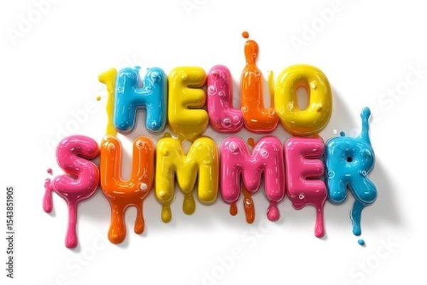 Fototapeta lossy multicolored 3d “Hello Summer” text with melting drip effect on white background. Concept of playful summer advertisement, typography art, and vibrant seasonal design.