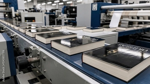 Fototapeta Hardcover books traveling along a conveyor belt in a printing house, illustrating the automated process of book production and the efficiency of modern publishing technology