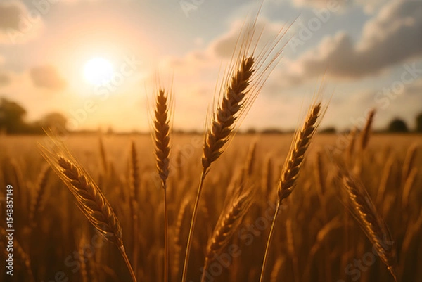 Fototapeta Close-up of golden wheat field illuminated by sunlight with warm tones in a natural rural landscape